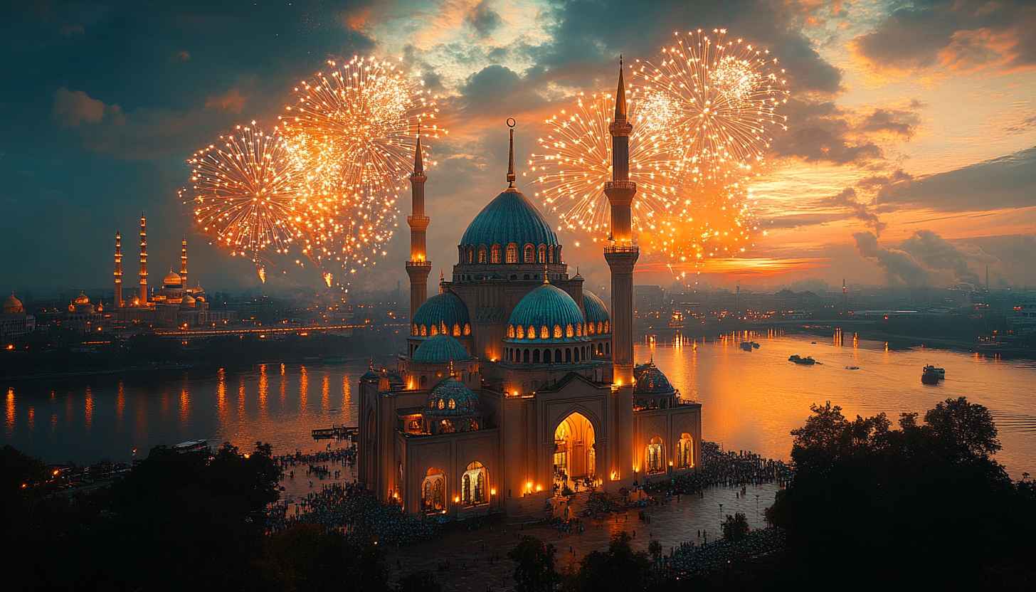 Eid Mubarak Wallpaper: Mosque, Fireworks, Festive, Celebration, 4K