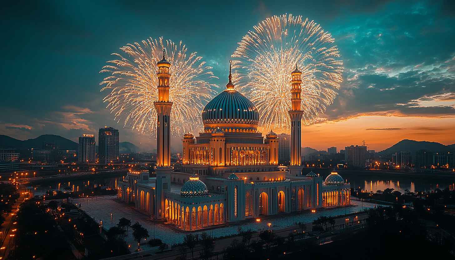 Mosque Wallpaper, Eid Celebration, Islamic Architecture, Fireworks, Night Wallpaper
