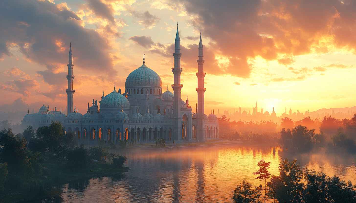 Mosque Wallpaper: Sunset Scenery, Islamic Architecture, and Lake Reflections