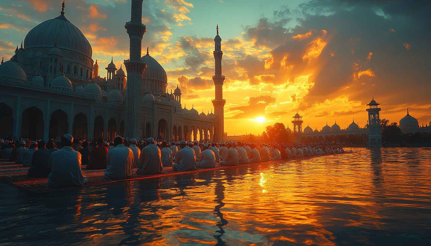 Ramadan Mubarak Wallpaper: Mosque, Sunset, People Praying, Islamic Theme