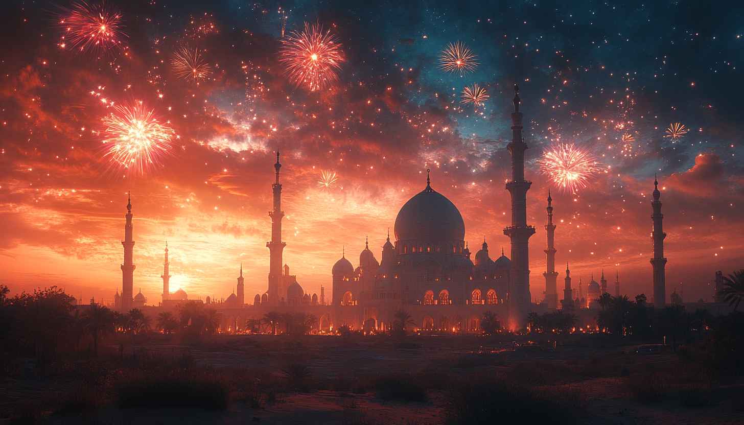 Eid Mubarak Wallpaper, Mosque Fireworks Background, Festive Celebration Wallpaper