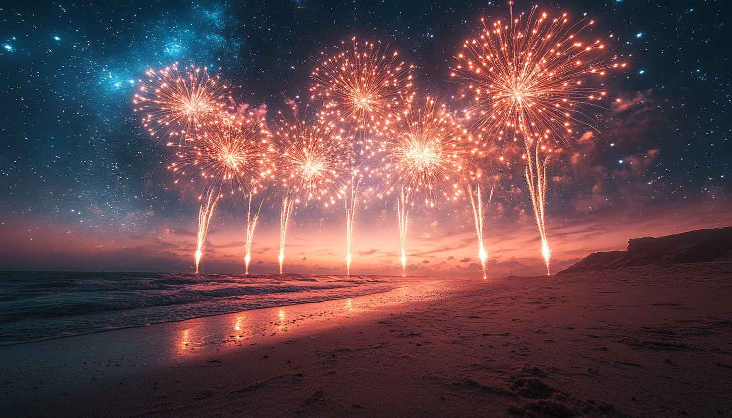Fireworks Wallpaper, Night Sky Wallpaper, Beach Wallpaper, 4K Wallpaper
