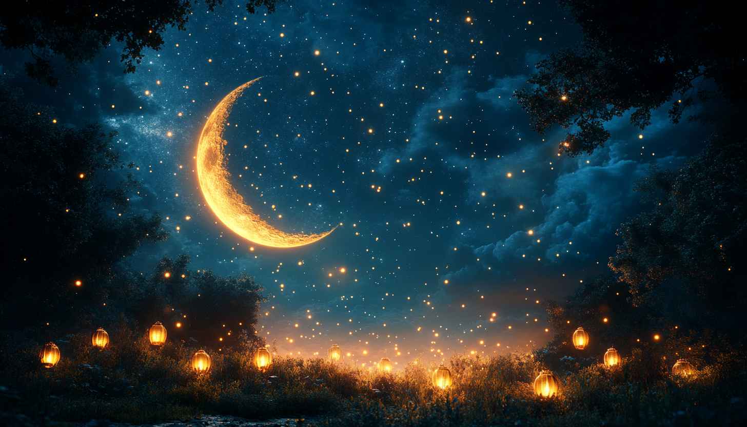 Ramadan Kareem Crescent Moon Starry Night Landscape Wallpaper
