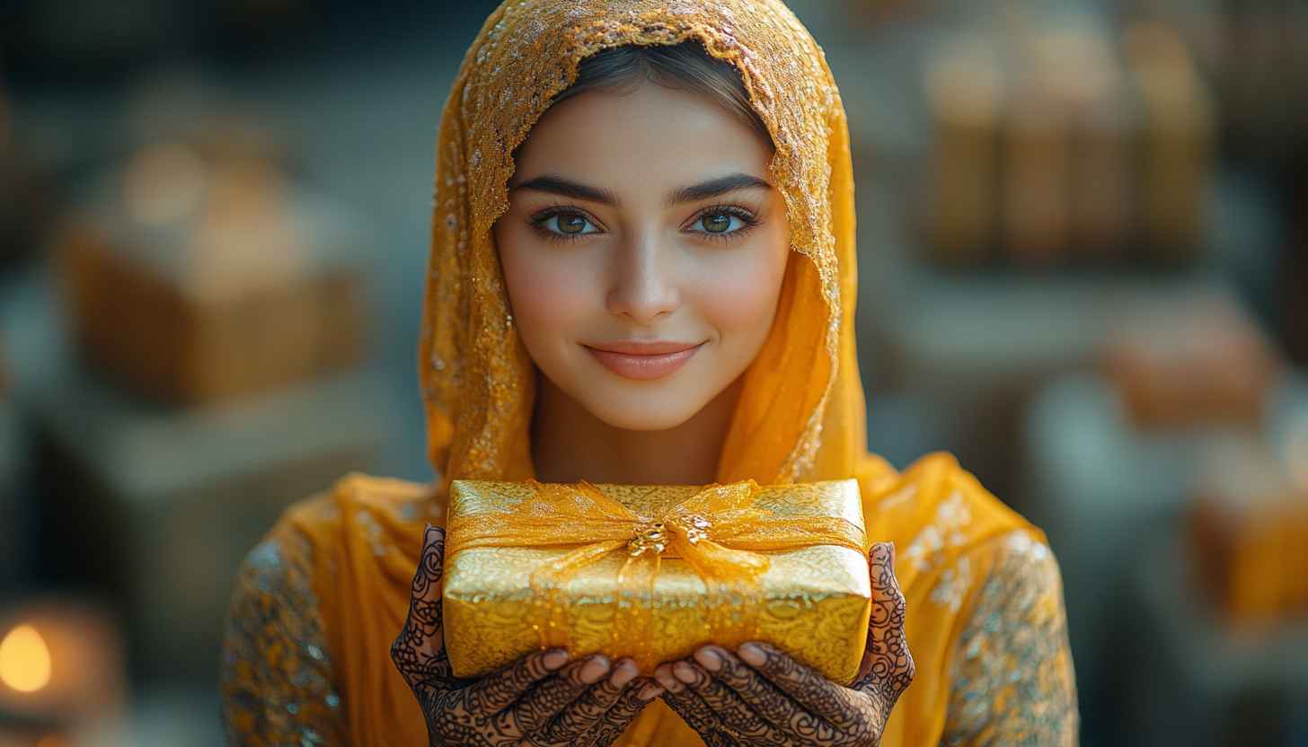 Eid Mubarak Wallpaper: Muslim Woman with Gift in Festive Attire