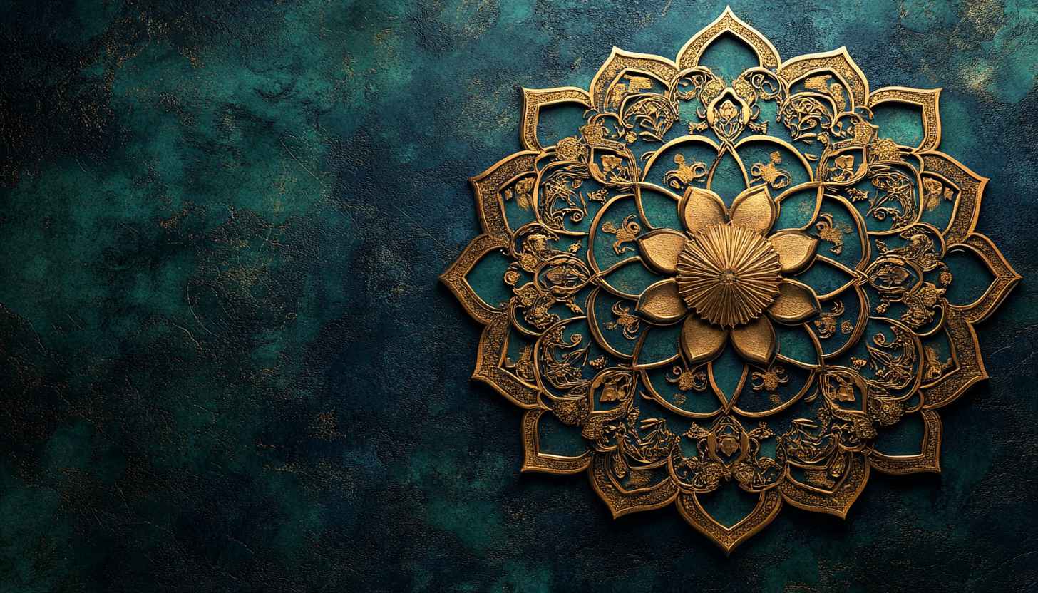 Mandala Wallpaper: Golden Floral Ornament on Teal, Artistic Background