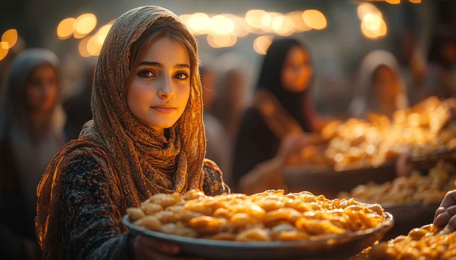 Eid Mubarak Wallpaper: Muslim Girl with Festive Sweets