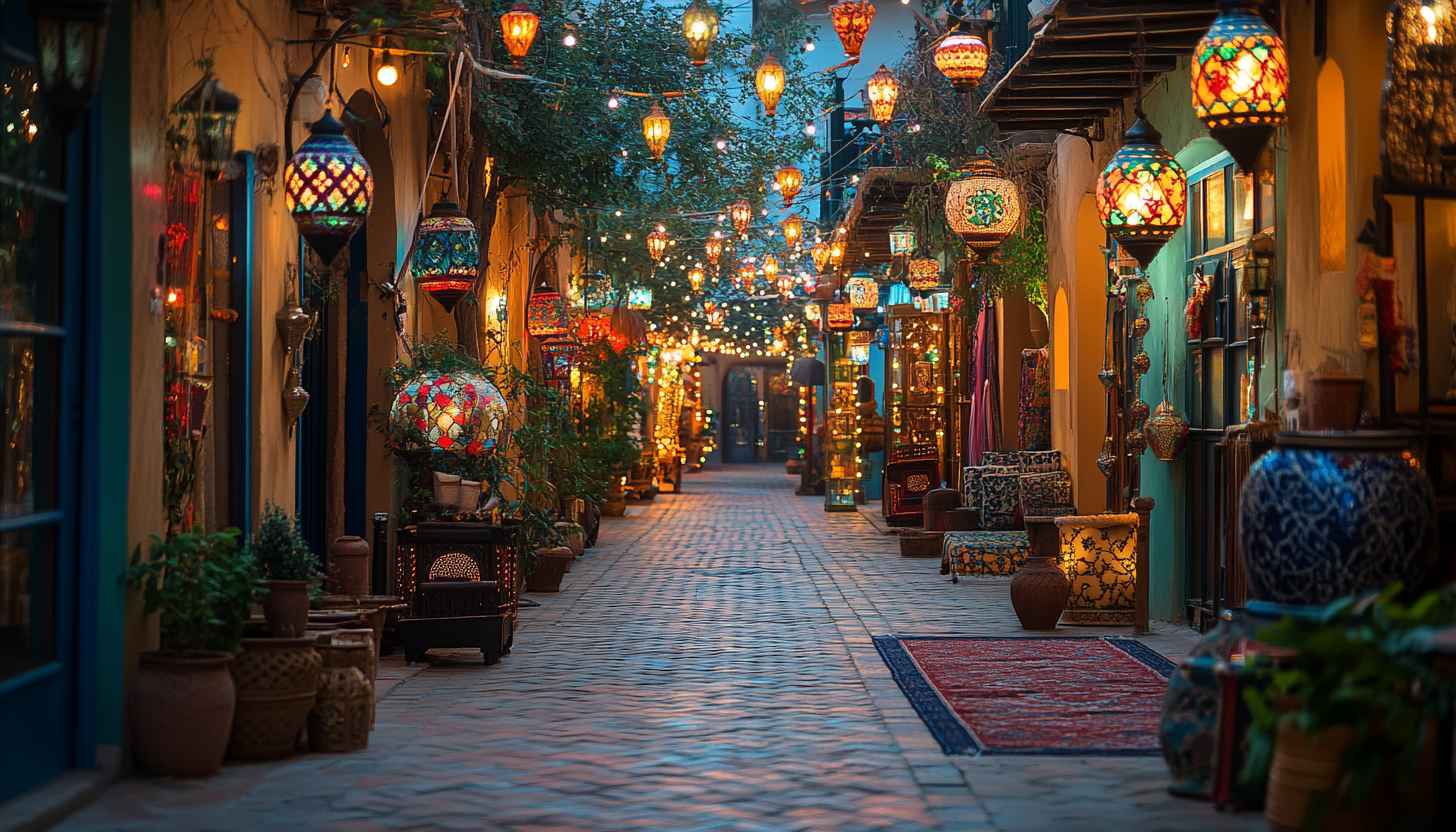 Moroccan Lanterns Street Wallpaper, Festive Decoration, Colorful Lamps Backdrop
