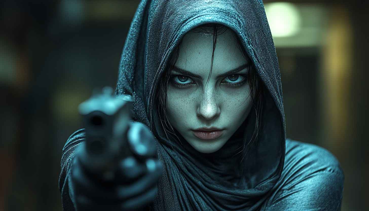 Assassin Girl Wallpaper, Hooded Gunwoman Background, Action Movie Style