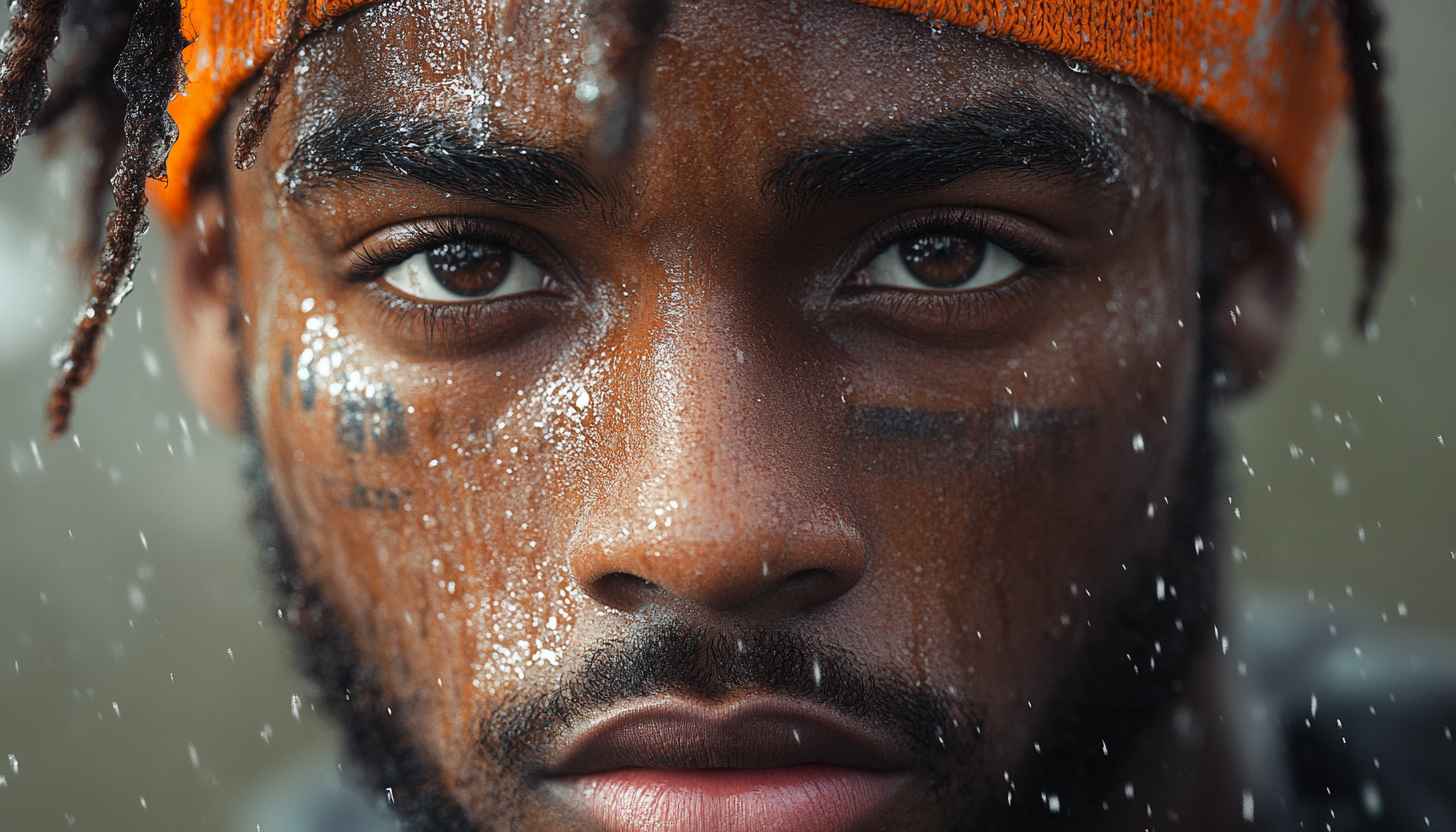 Intense Athlete Wallpaper: Sweaty, Focused Gaze, Sports Aesthetic