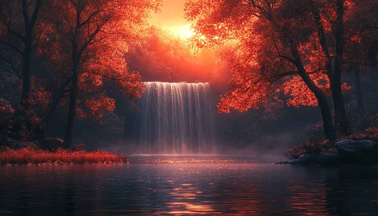 Waterfall Scenery Wallpaper, Autumn Fall Foliage Wallpaper, Nature Landscape Wallpaper