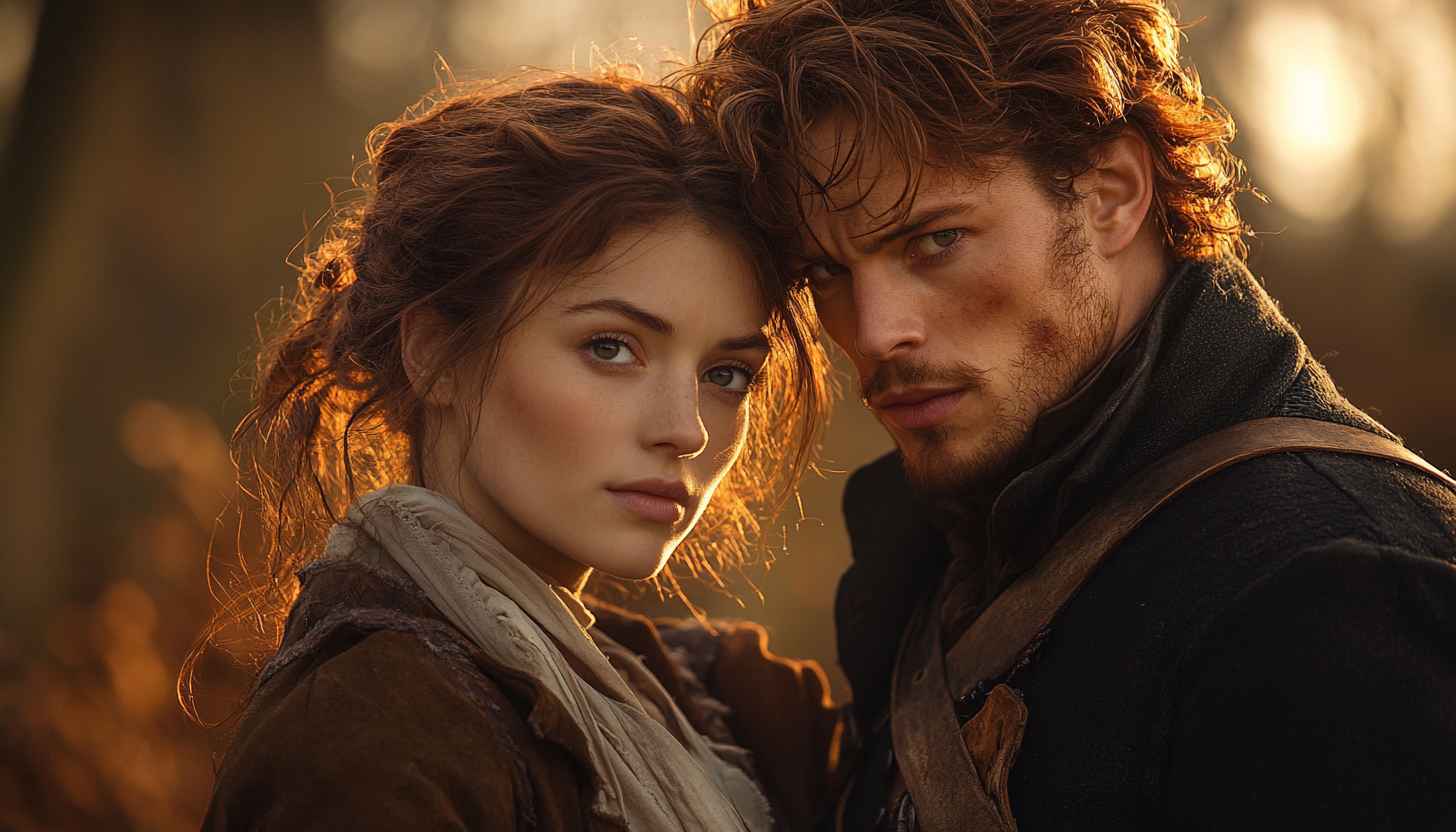 Outlander TV Series Wallpaper 4K, Claire and Jamie Romantic Portrait
