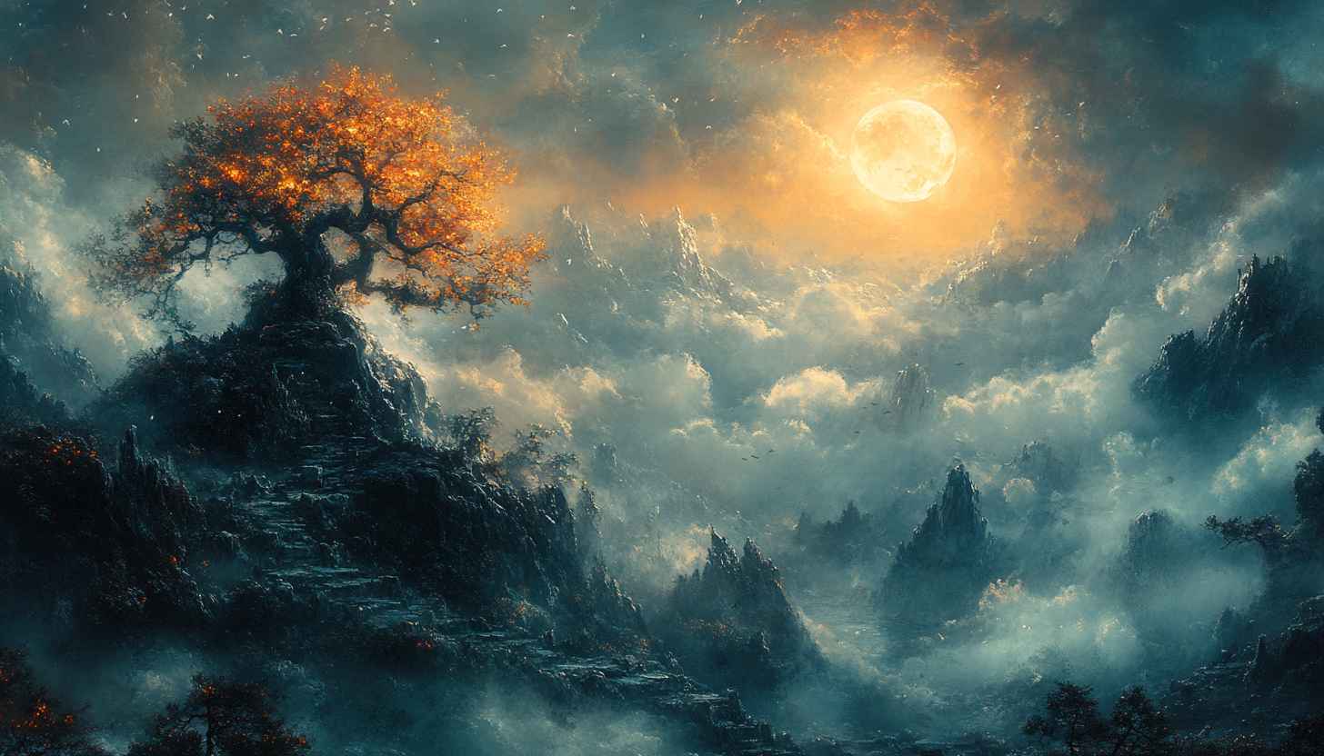Fantasy Landscape Wallpaper: Tree, Moon, Mountains, Clouds, and Nature