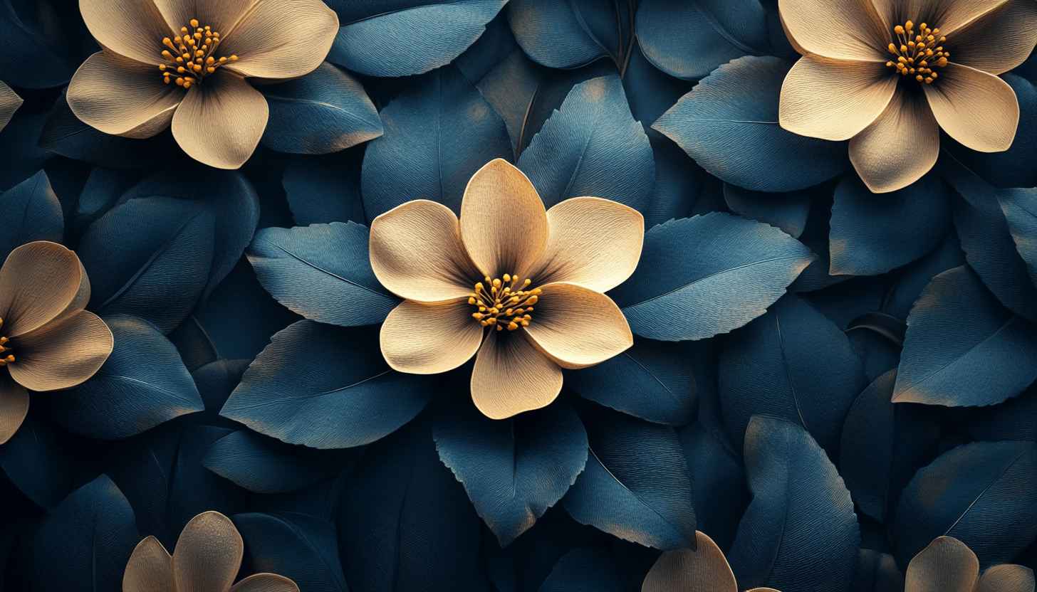 Floral Art Wallpaper: Blue Leaves and Beige Flowers Background