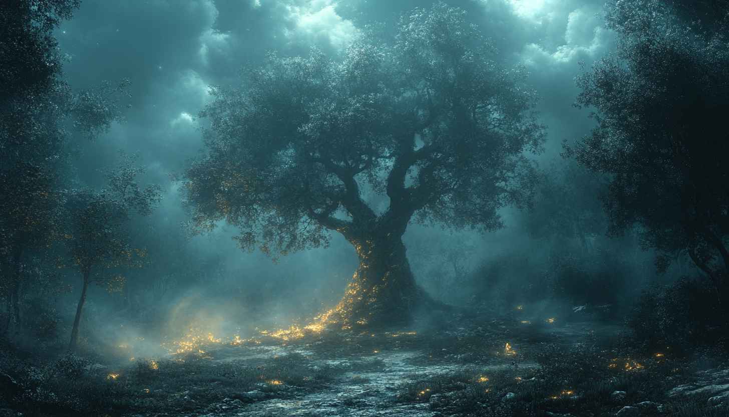 Mystical Forest Wallpaper: Enchanted Tree, Fantasy Landscape, Dark Aesthetics
