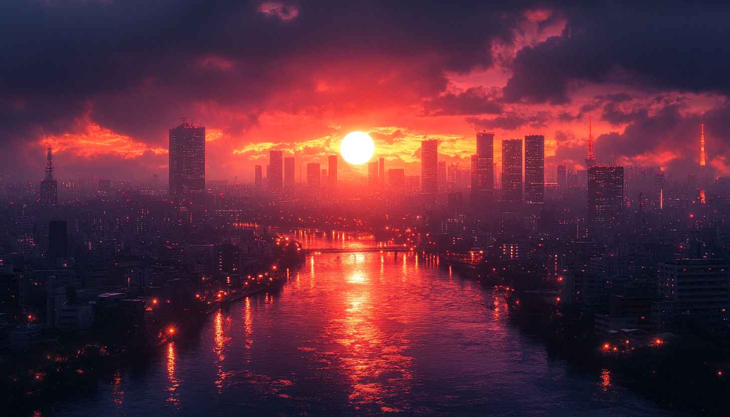 Cityscape Sunset Wallpaper: Red Sky, Buildings, Urban Landscape