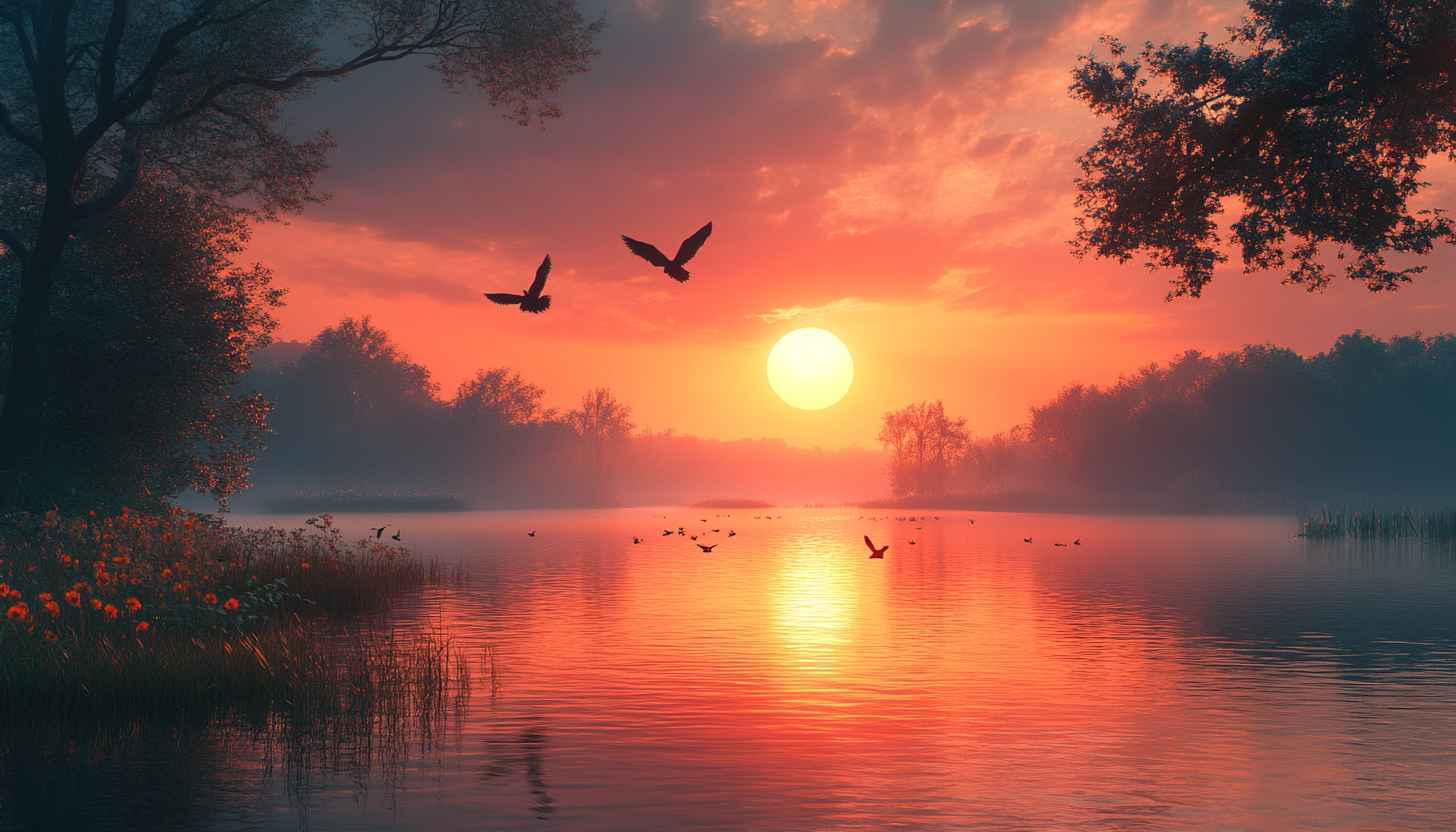 Lake Sunset Wallpaper, Birds, Nature Wallpaper, 4k Wallpaper