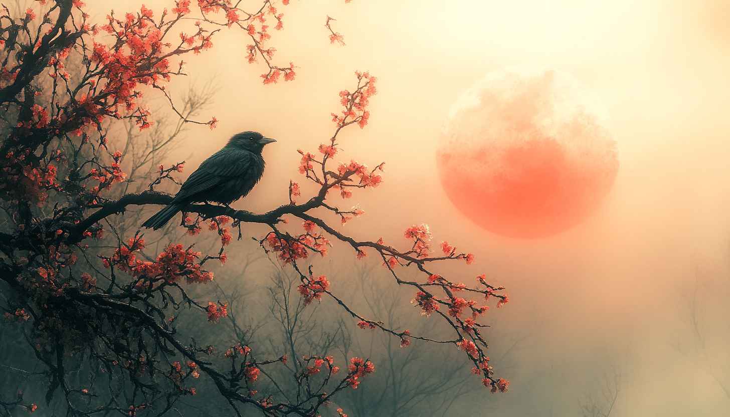 Bird on Branch Wallpaper, Moonrise Scene for Desktop Background