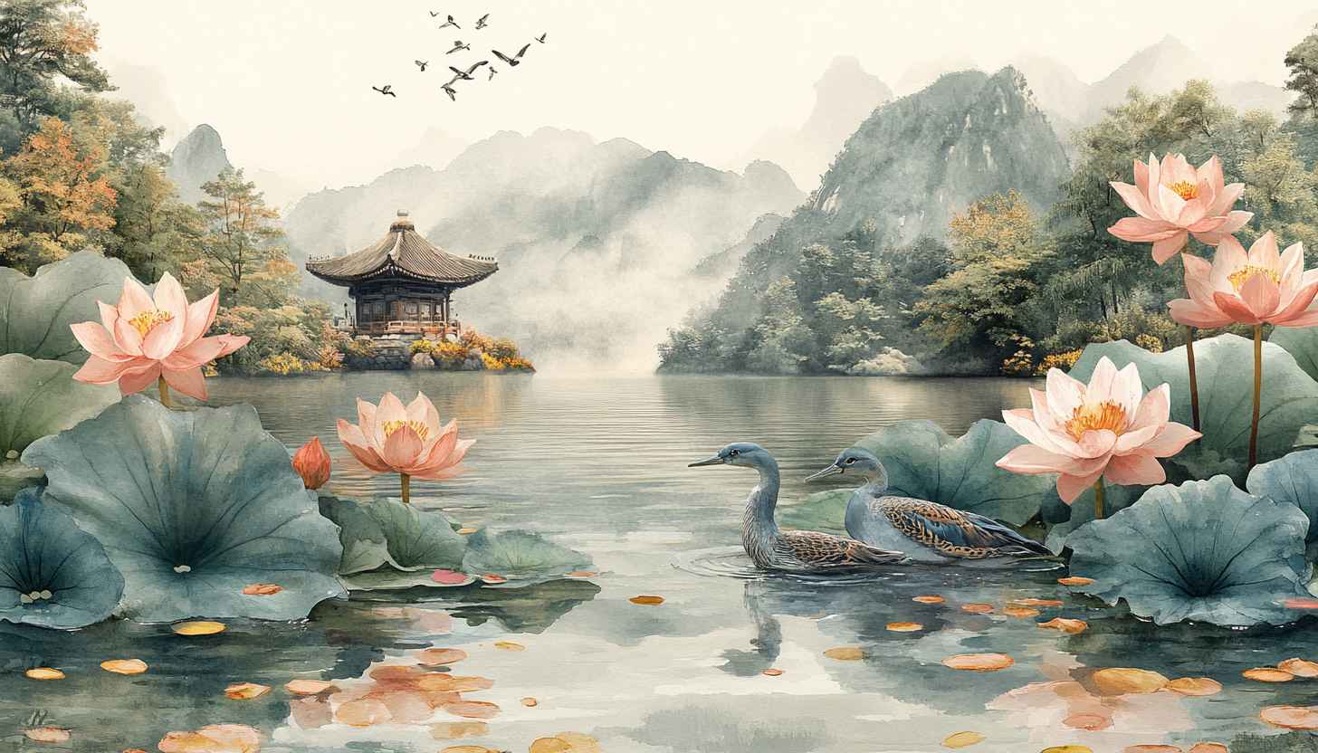 Lotus Wallpaper: Serene Asian Landscape with Birds and Temple