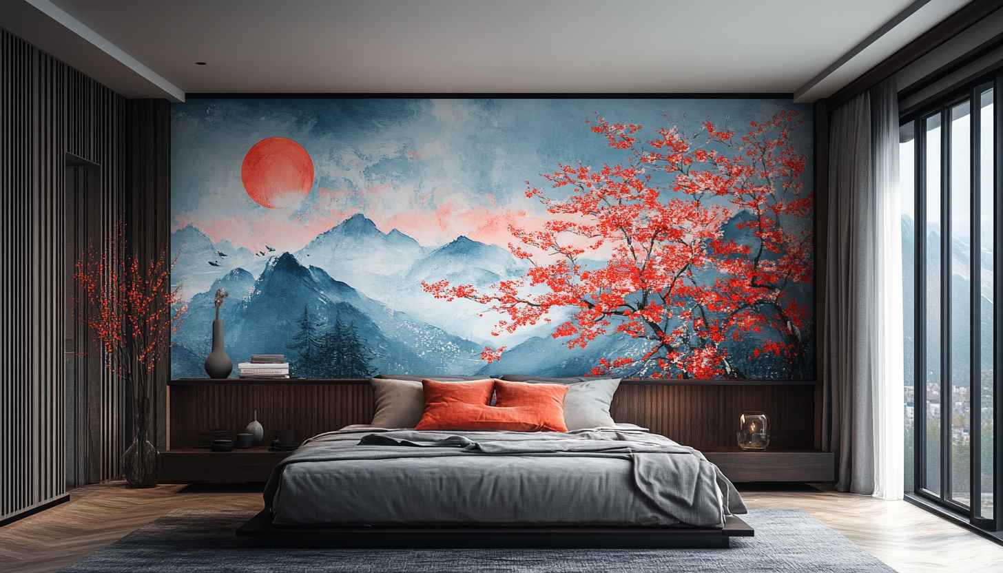 Japanese Landscape Wallpaper: Mountain Scenery, Oriental Tree, Artistic Bedroom Decor