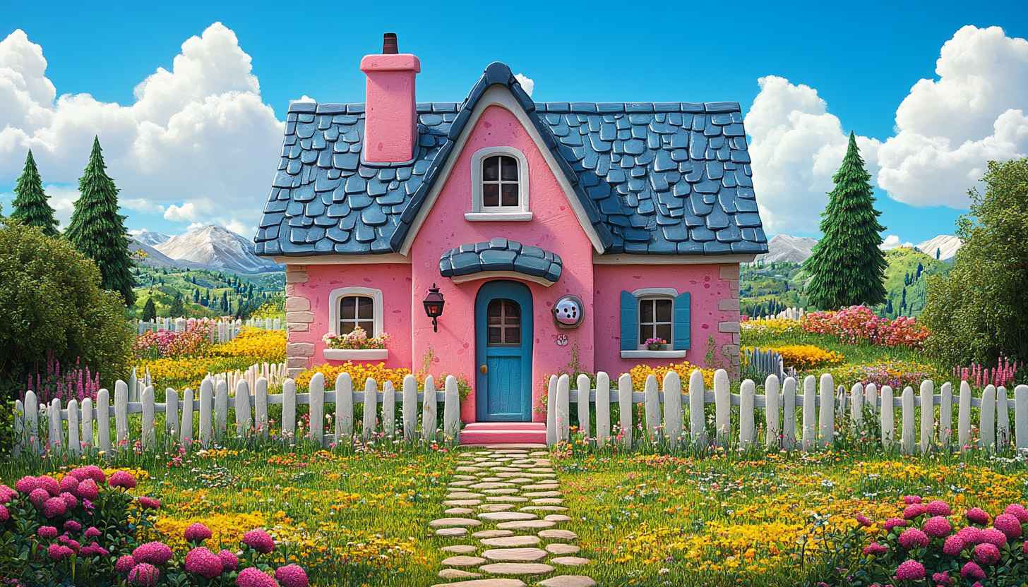 Cartoon House Wallpaper: Pink Cottagecore Landscape for Desktop Background