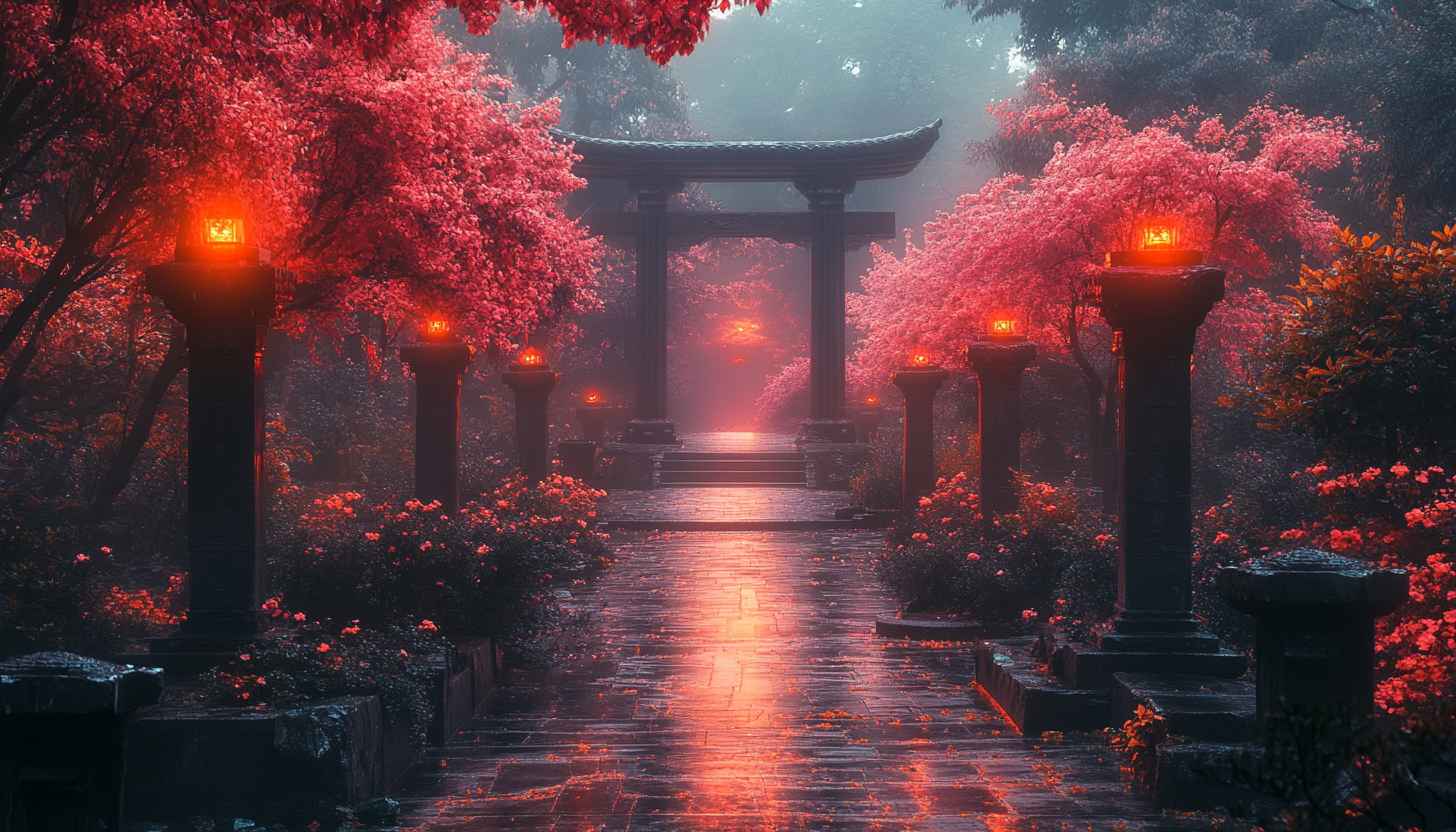 Japanese Temple Red Blossom Tree Aesthetic Wallpaper For Desktop