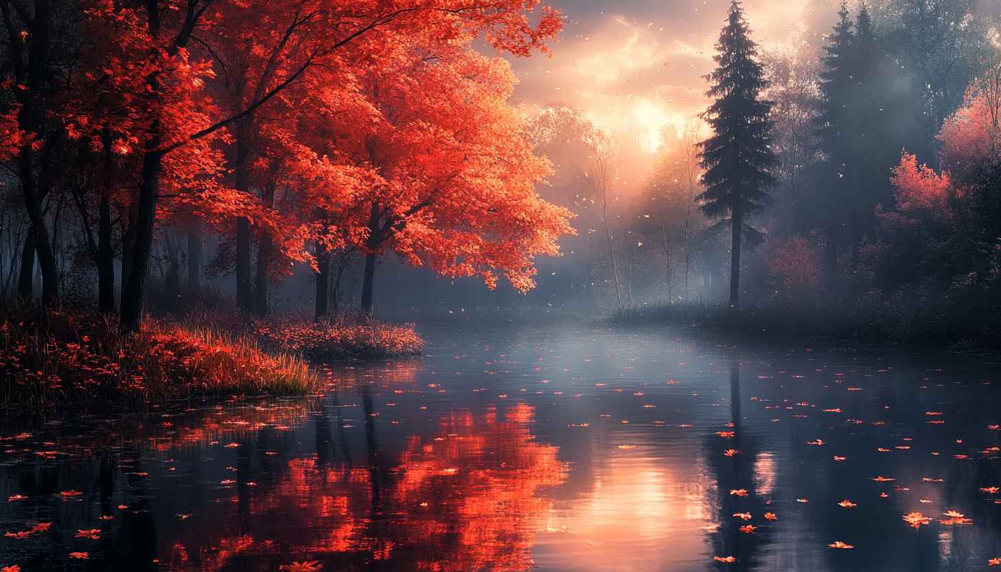Autumn Landscape Wallpaper: Red Leaves Lake, Nature Scenery Desktop