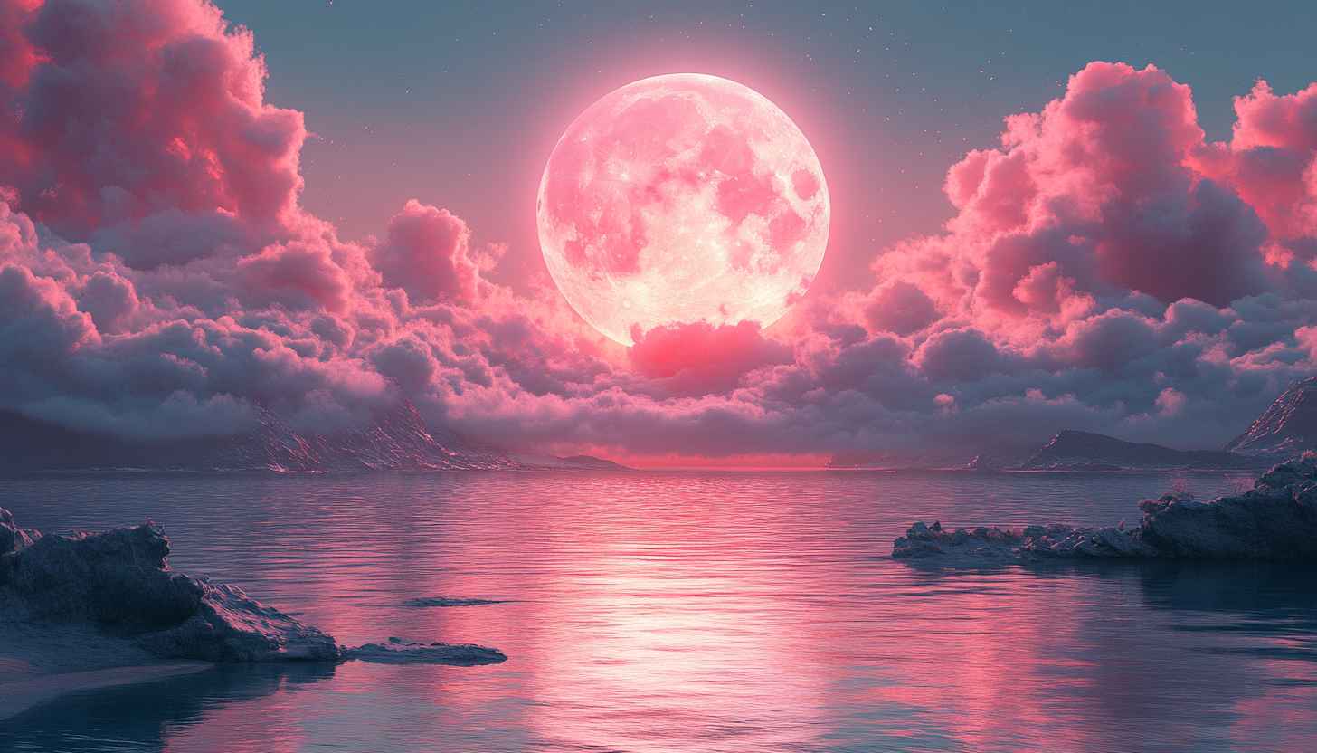 Pink Moon Wallpaper, Ocean Scenery Wallpaper, Fantasy Sky Wallpaper