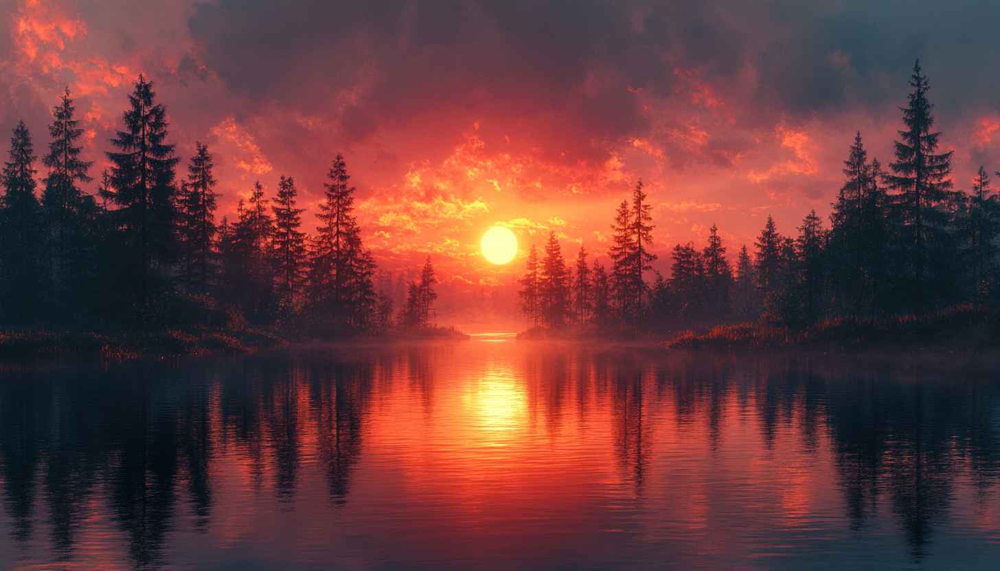 Fiery Sunset Wallpaper: Lake, Forest, Nature Scenery for Desktop