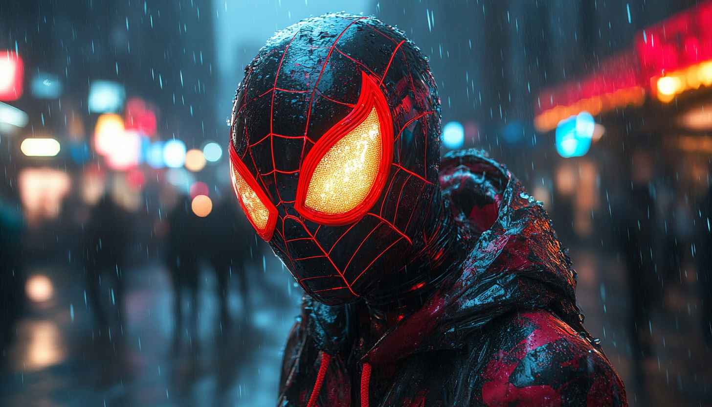 Spider-Man Miles Morales Wallpaper: Noir Suit, Rainy Night Cityscape