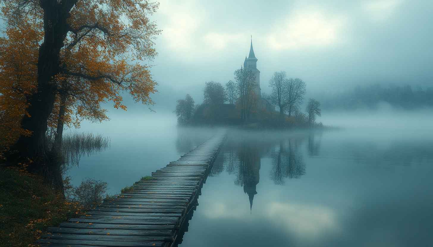 Mystic Lake Wallpaper: Church Island, Fog, 4k Landscape Images