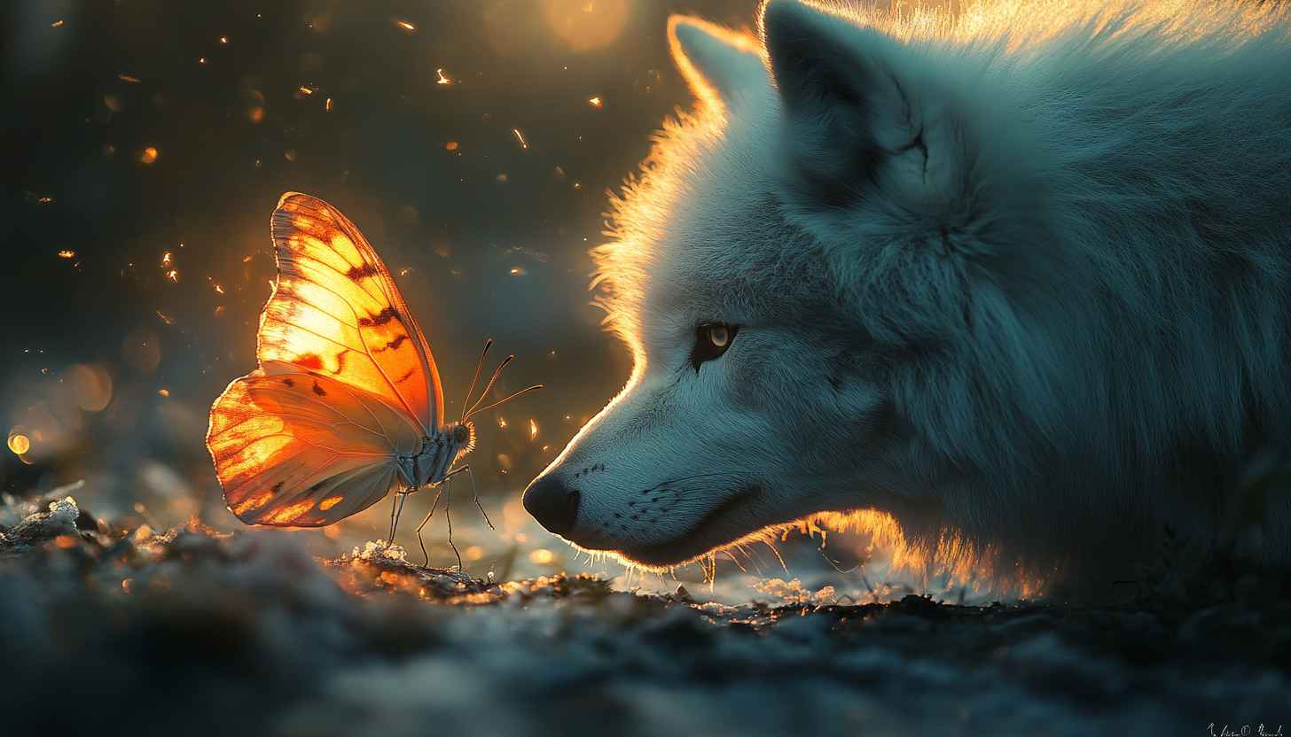 Wolf and Butterfly Wallpaper, Wildlife Scenery, Animal Wallpaper