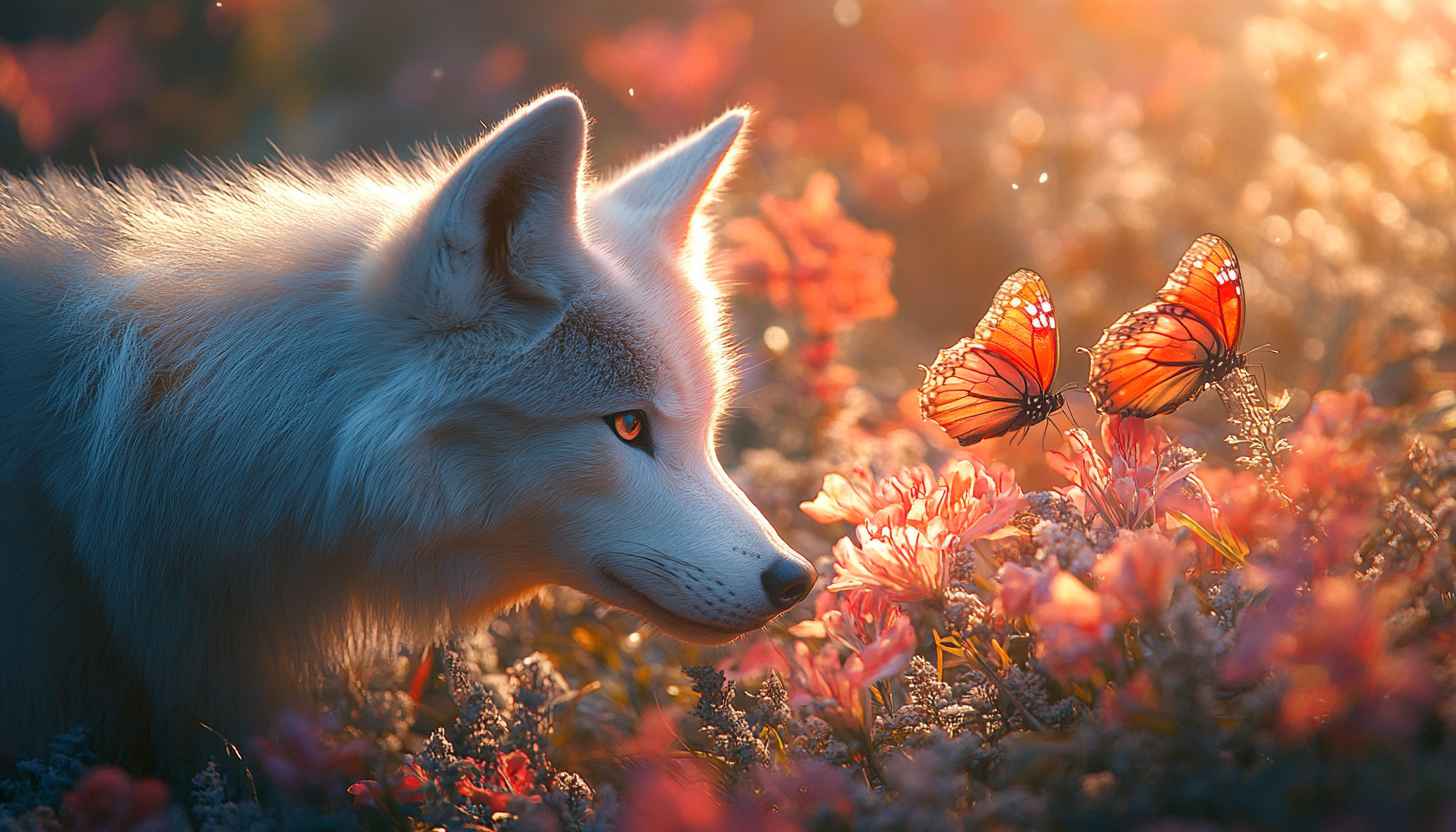 Wolf and Butterfly Wallpaper, Animal Nature Scenery Desktop Background