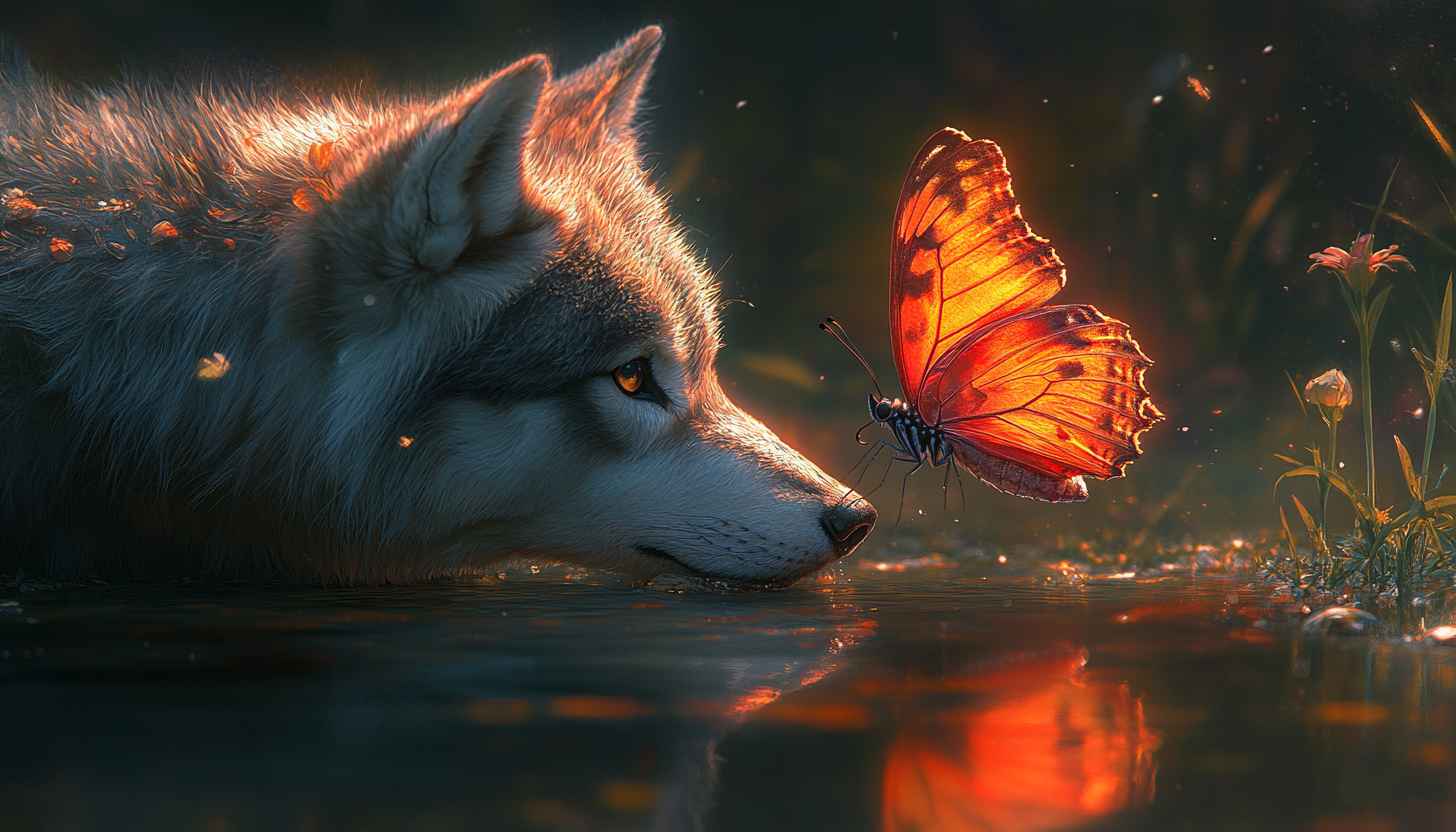 Wolf and Butterfly Wallpaper, Animal Wallpaper, Nature 4k Wallpaper