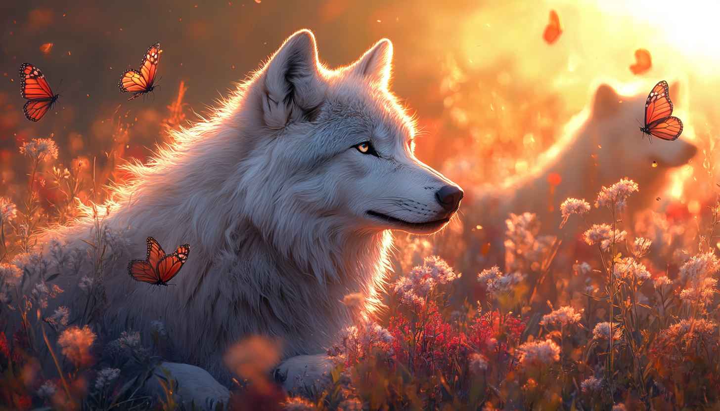 White Wolf and Butterfly Wallpaper, Nature, Animals, and Scenery