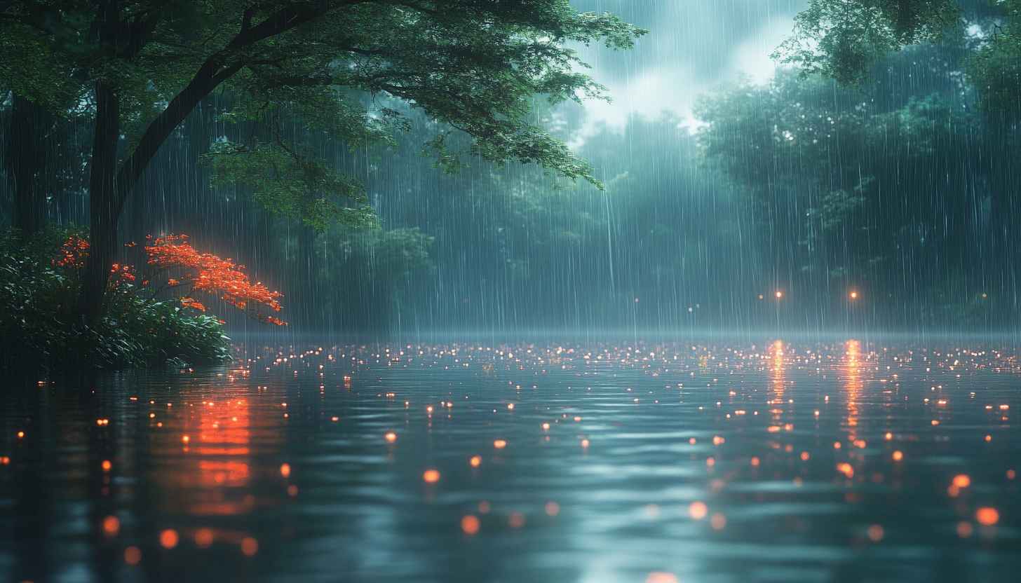Rainy Lake Wallpaper: Forest Landscape, Nature Ambiance, Serene Scenery