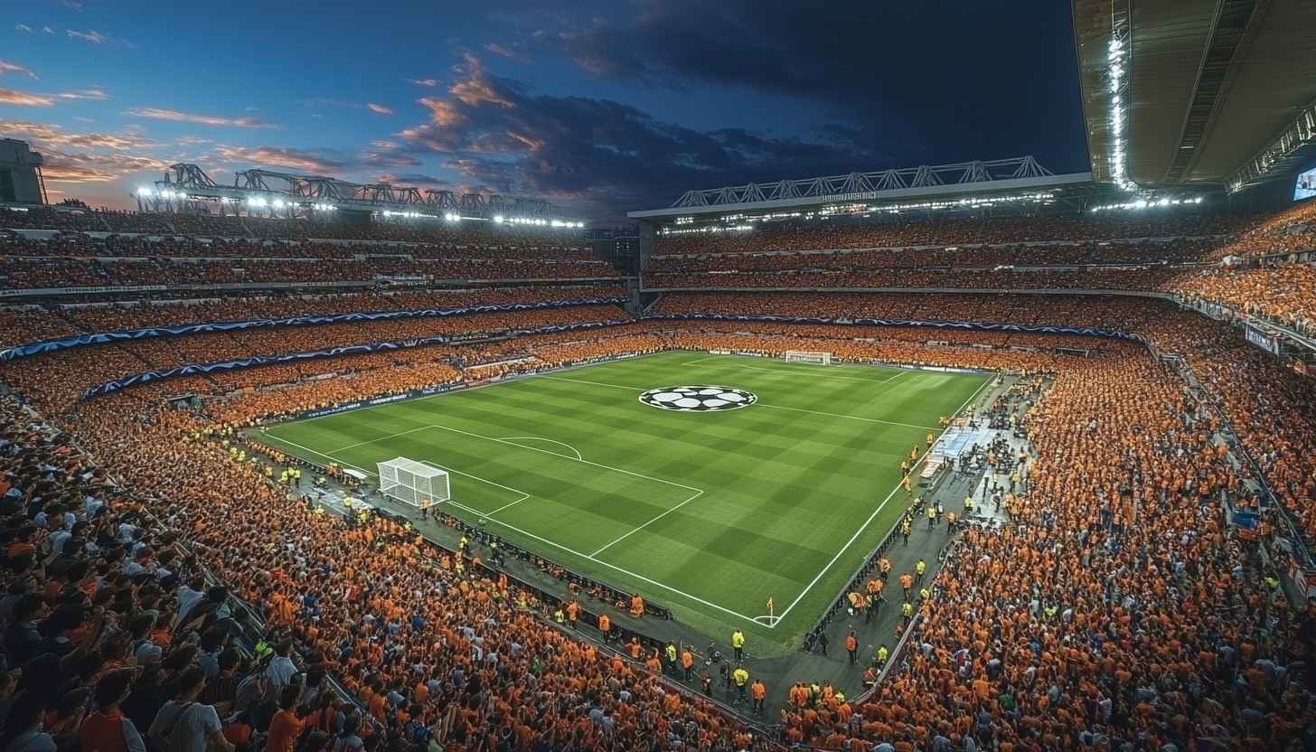 Football Stadium Wallpaper: Sports Arena, Crowd, Evening Sky, UEFA