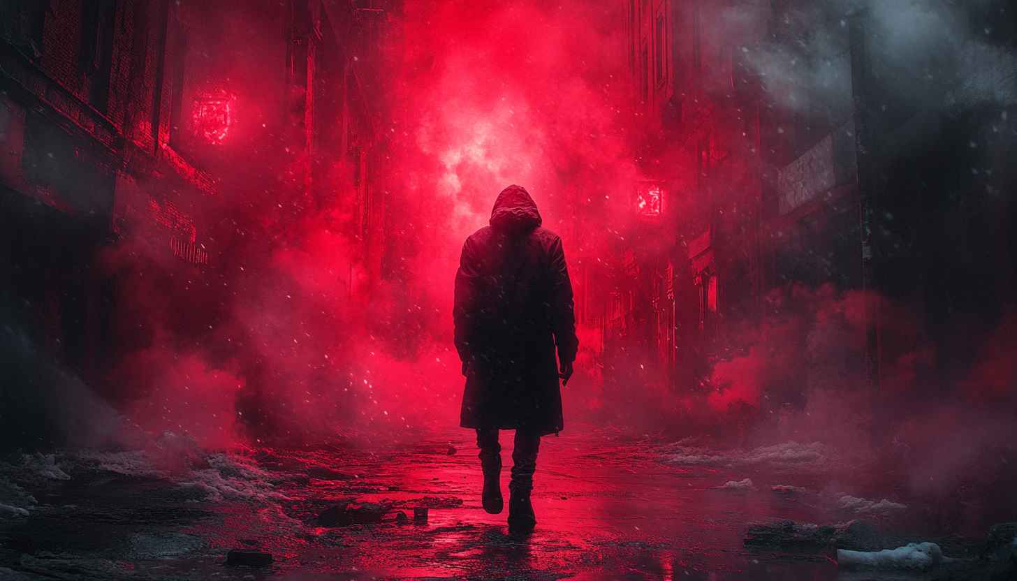 Dark Fantasy Wallpaper: Red Mist, Hooded Figure, Urban Scene
