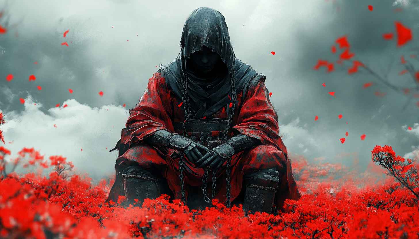 Hooded Warrior with Red Flowers 4K Wallpaper for Desktop