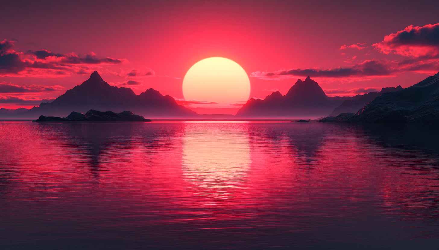Crimson Sunset Wallpaper: Majestic Mountain & Serene Lake View