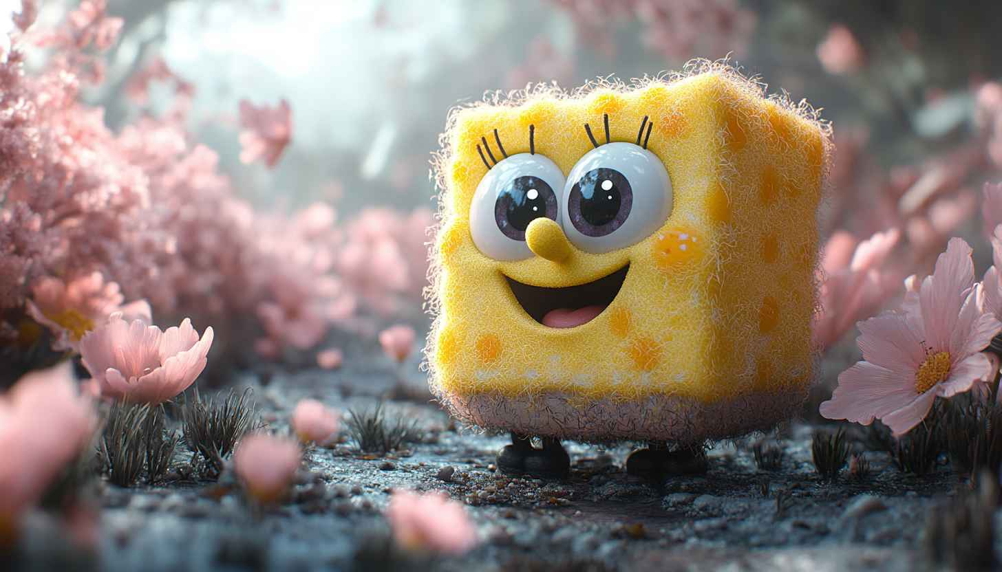 Spongebob Wallpaper: Cute Cartoon Character with Flowers 4K