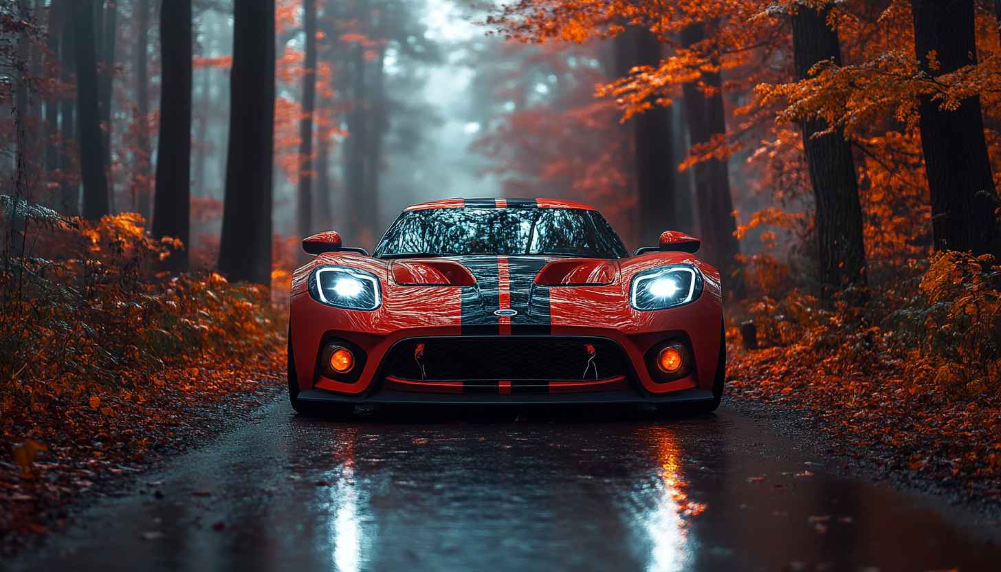Red Sports Car Wallpaper: Ford GT Autumn Drive 4K