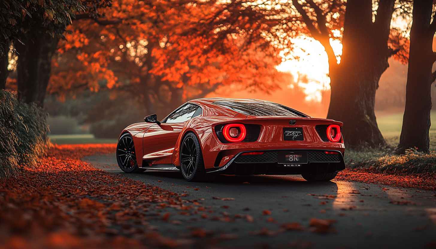 Red Ford GT Car Wallpaper, Autumn, Road, 4K, Desktop