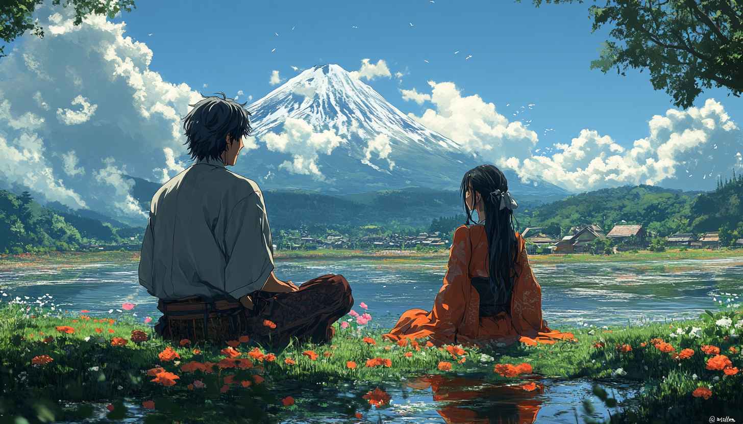 Anime Scenery Wallpaper: Couple at Lake with Mountain View