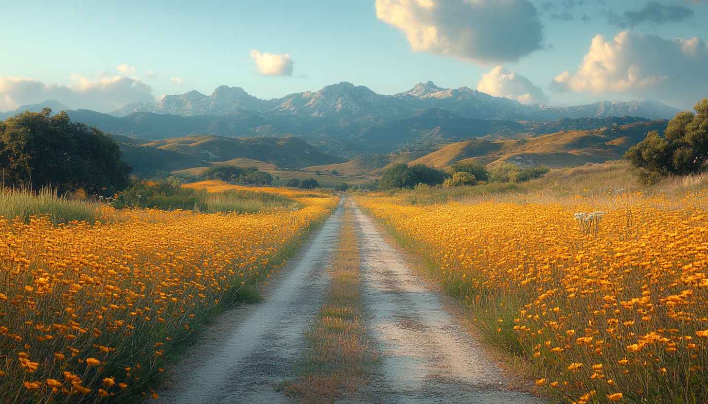 Scenic Field Wallpaper: Yellow Flowers, Mountains, Landscape Wallpaper