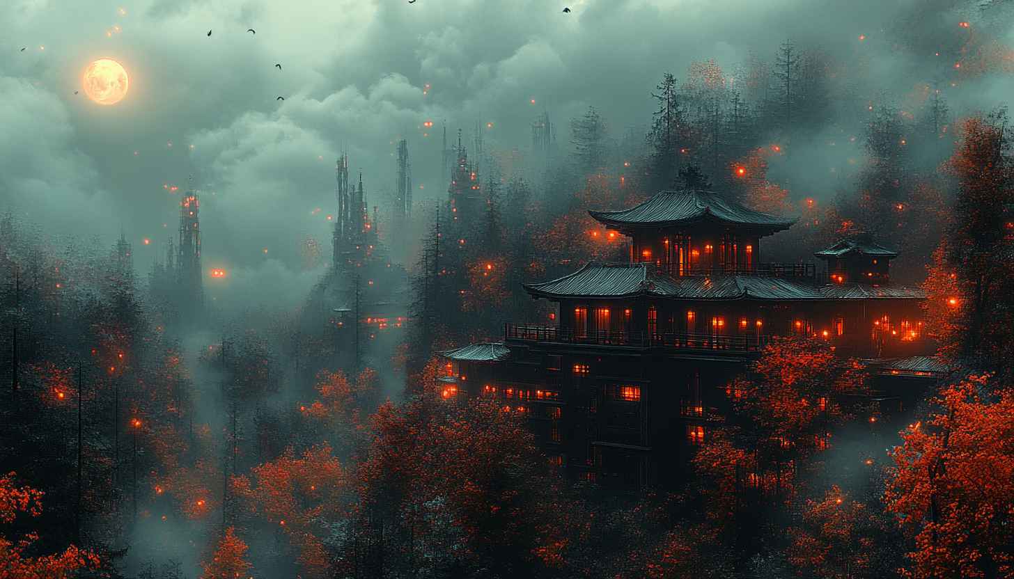 Fantasy Japanese Temple Landscape Wallpaper, Misty Night, Full Moon
