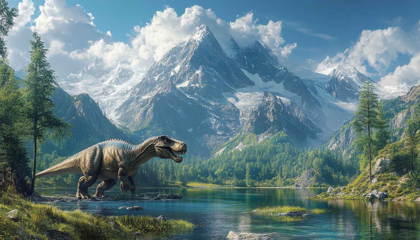 Dinosaur Wallpaper: Majestic Mountain Landscape with T-Rex