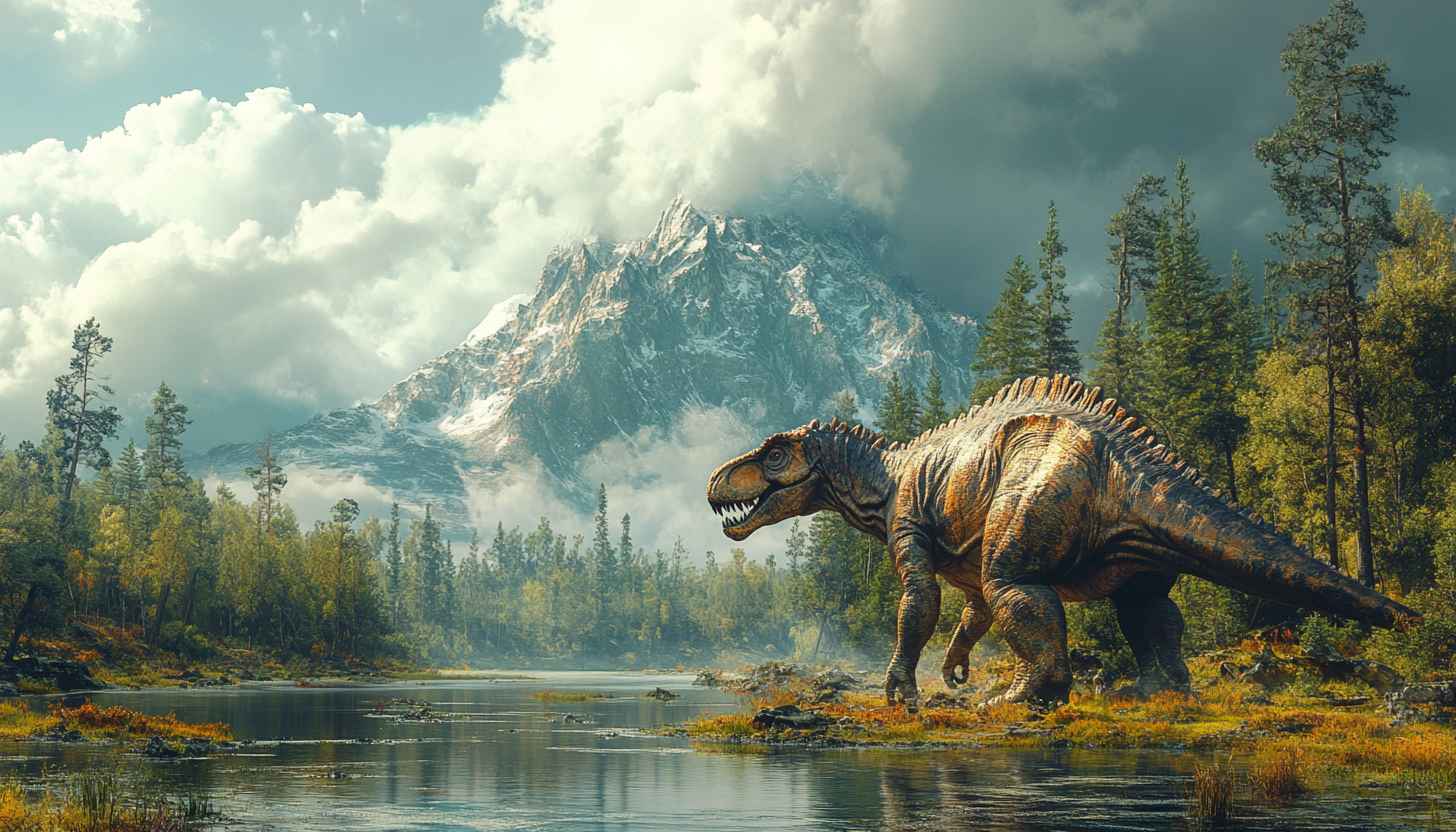 Dinosaur Wallpaper: Prehistoric Scene, Mountain Backdrop, Nature Theme