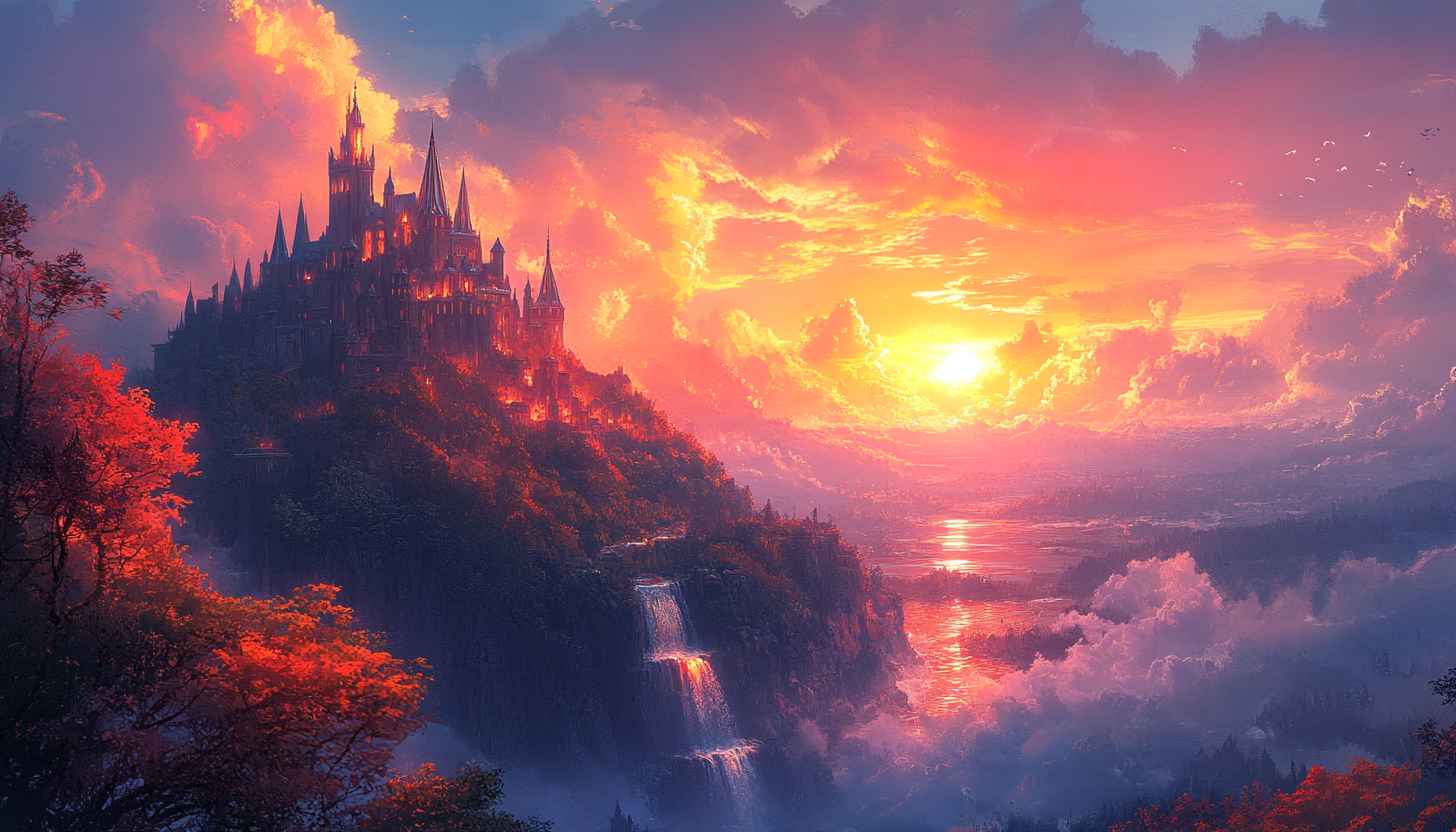 Fantasy Castle Wallpaper, Sunset Sky Wallpaper, Artistic Landscape Wallpaper