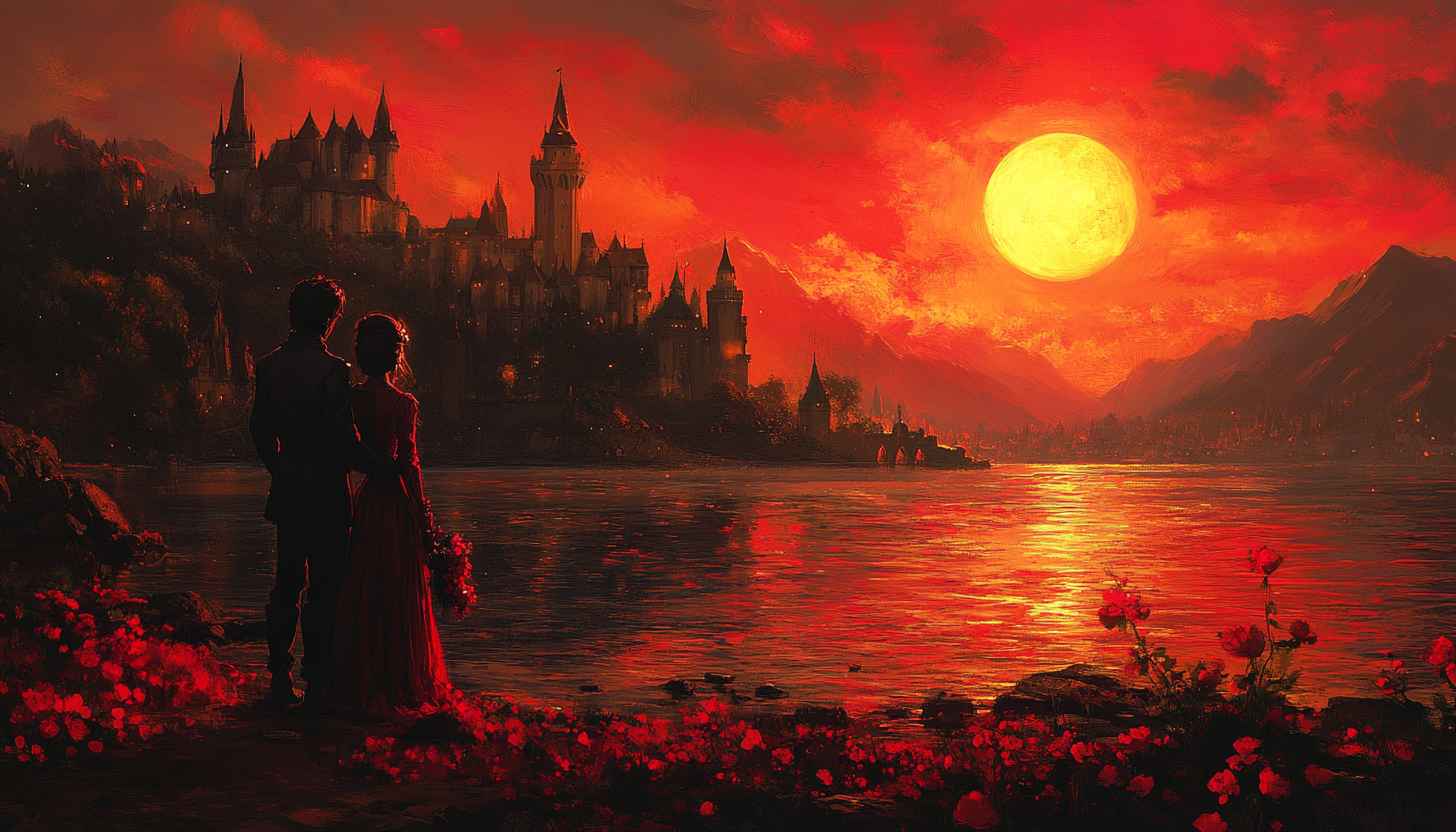 Fantasy Castle Sunset Couple Lake Romance Wallpaper