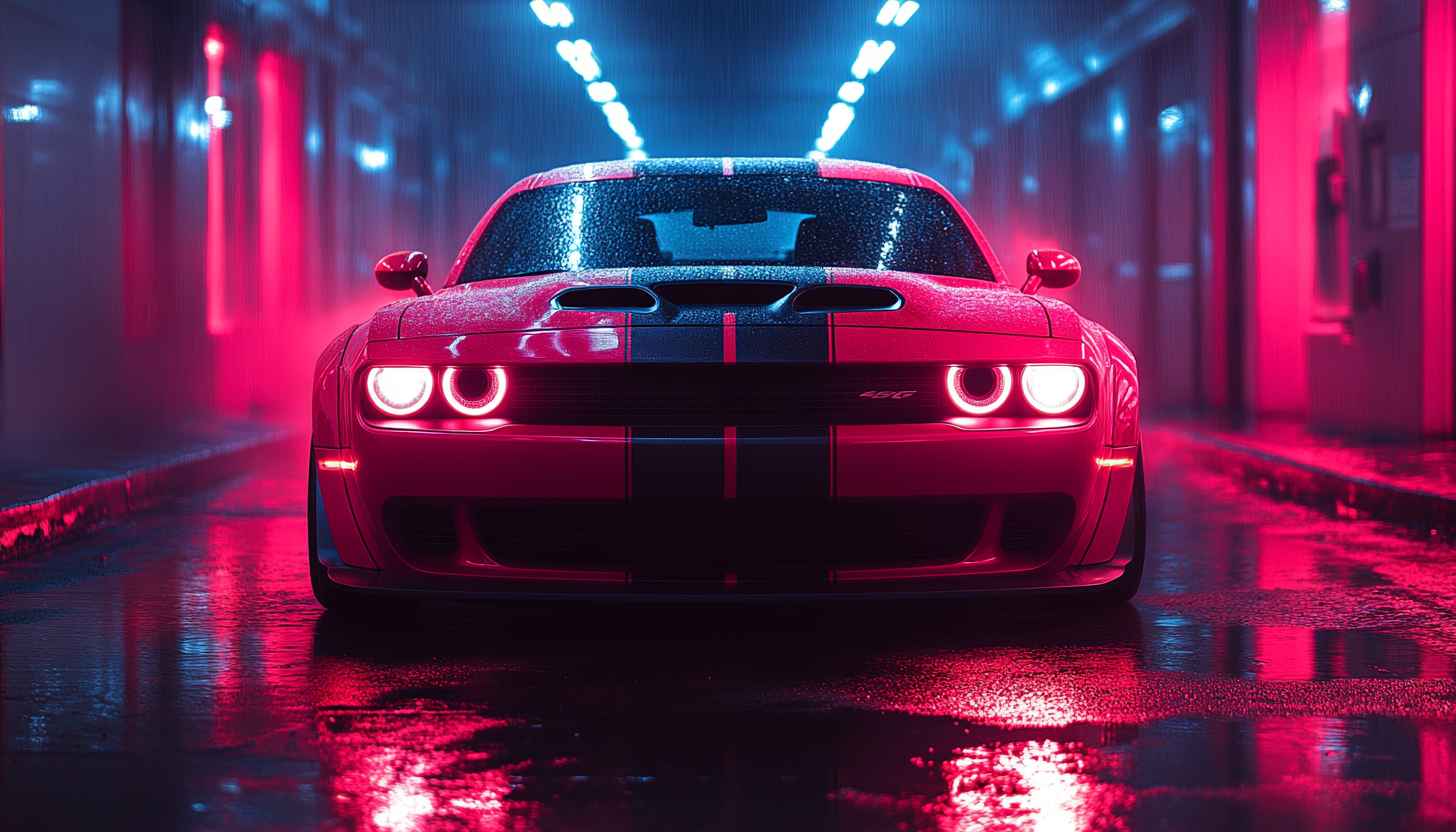 Dodge Challenger Car Wallpaper Neon Lights Wet Street